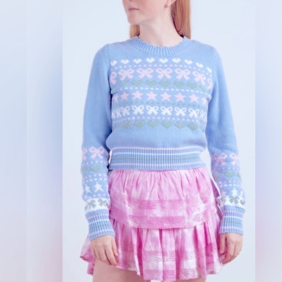 LoveShackFancy Zaheer Pullover Sweater Size M Knit Crew Neck Preppy Blue Skies - Picture 12 of 14